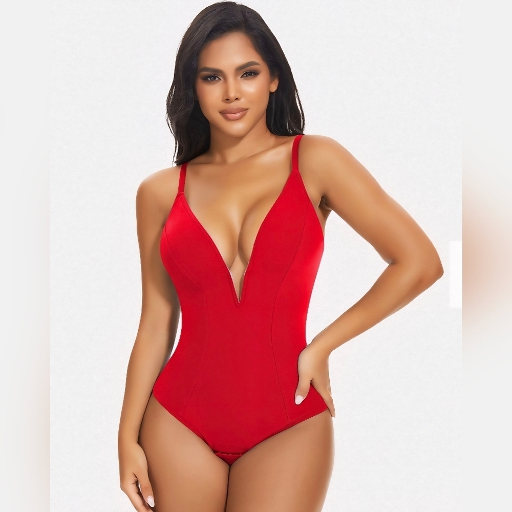 Shaperin Shapewear Bodysuit Deep V Neck Thong #806 NWOT